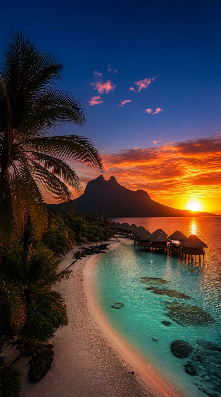 Luxury tropical island with turquoise lagoon and overwater villas at sunset